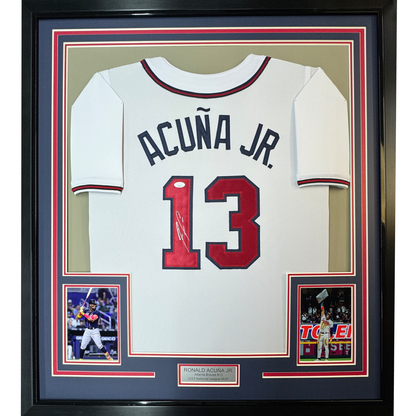 Framed Autographed/Signed Ronald Acuna Jr. 35x39 Atlanta White Baseball Jersey JSA COA