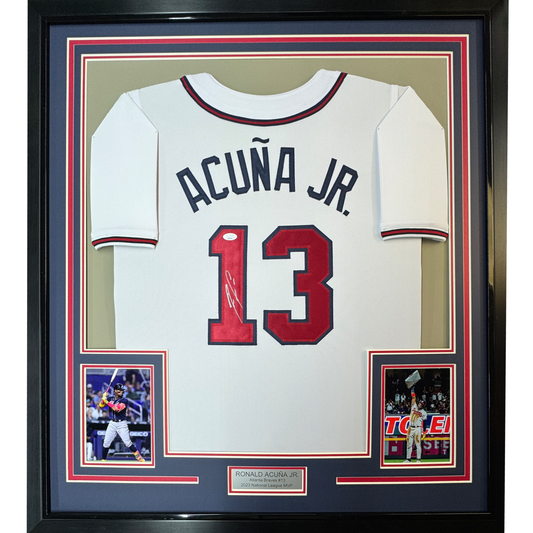 Framed Autographed/Signed Ronald Acuna Jr. 35x39 Atlanta White Baseball Jersey JSA COA
