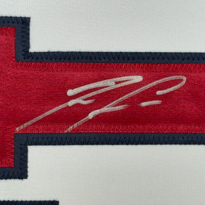 Framed Autographed/Signed Ronald Acuna Jr. 35x39 Atlanta White Baseball Jersey JSA COA