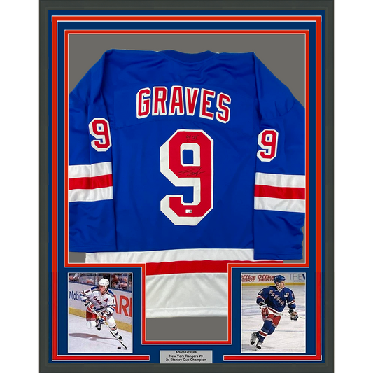 Framed Autographed/Signed Adam Graves 35x39 94 Cup New York Blue Hockey Jersey Steiner COA