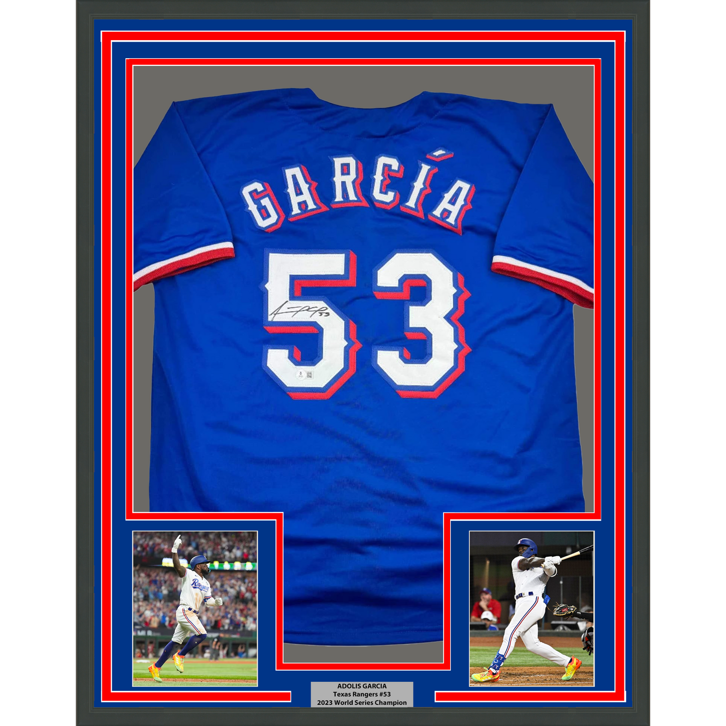 Framed Autographed/Signed Adolis Garcia 35x39 Texas Blue Baseball Jersey Beckett BAS COA