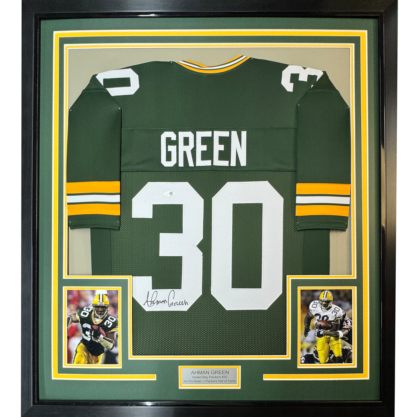 Framed Autographed/Signed Ahman Green 35x39 Green Bay Packers Green Football Jersey JSA COA