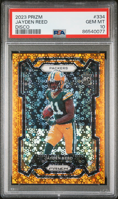 Graded 2023 Panini Prizm Jayden Reed #334 Disco Rookie RC Football Card PSA 10 Gem Mint