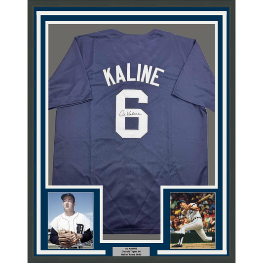 Framed Autographed/Signed Al Kaline 35x39 Detroit Blue Baseball Jersey JSA COA