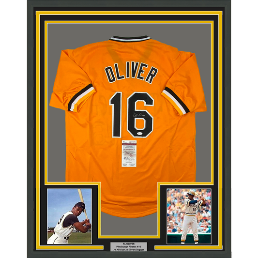 Framed Autographed/Signed Al Oliver 35x39 Pittsburgh Yellow Baseball Jersey JSA COA