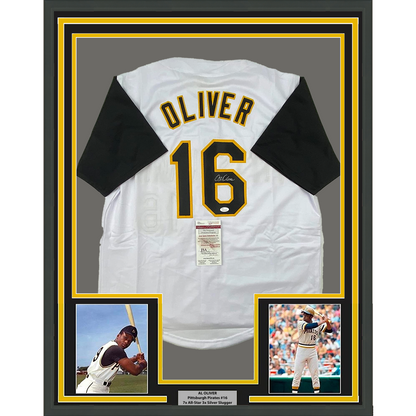 Framed Autographed/Signed Al Oliver 35x39 Pittsburgh Pirates White Baseball Jersey JSA COA