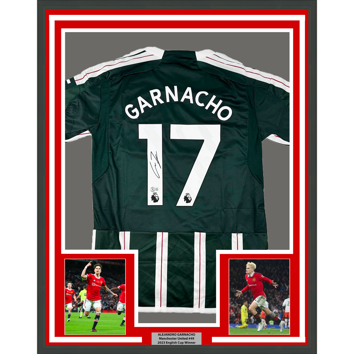 Framed Autographed/Signed Alejandro Garnacho 35x39 Manchester United Green Soccer Jersey Beckett BAS COA