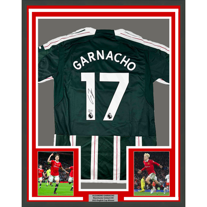 Framed Autographed/Signed Alejandro Garnacho 35x39 Manchester United Green Soccer Jersey Beckett BAS COA
