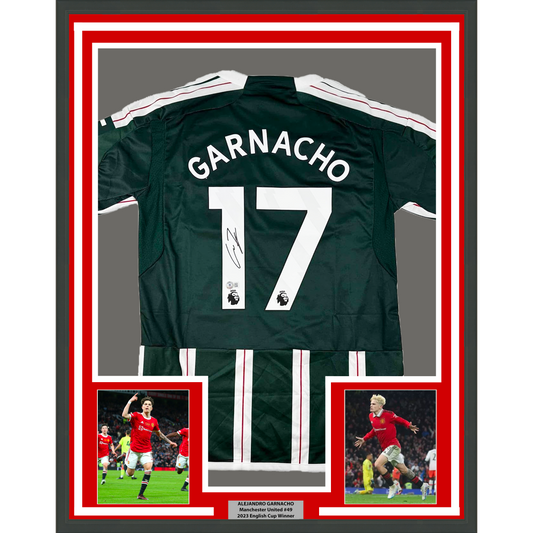 Framed Autographed/Signed Alejandro Garnacho 35x39 Manchester United Green Soccer Jersey Beckett BAS COA