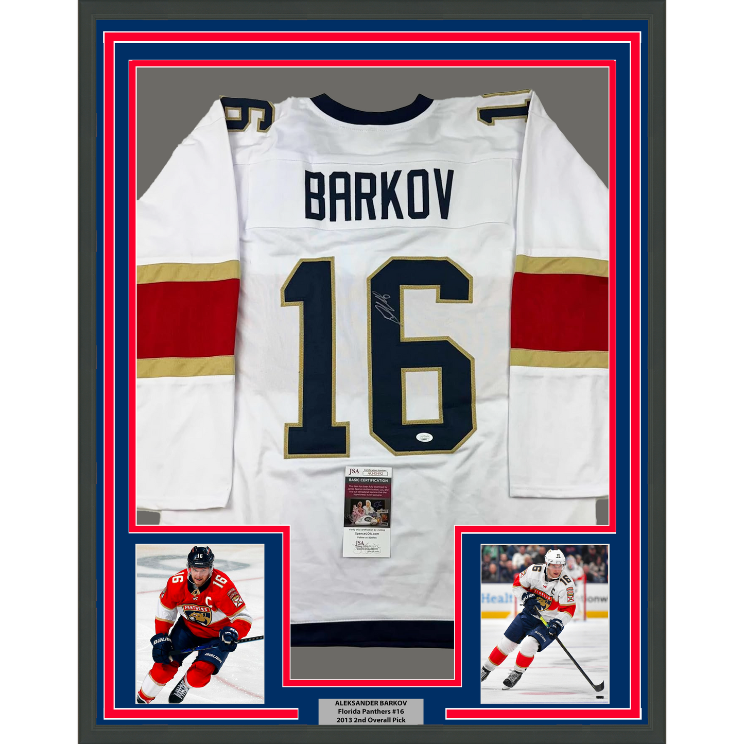 Framed Autographed/Signed Aleksander Barkov 35x39 Florida White Hockey Jersey JSA COA