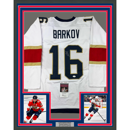 Framed Autographed/Signed Aleksander Barkov 35x39 Florida White Hockey Jersey JSA COA