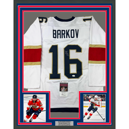Framed Autographed/Signed Aleksander Barkov 35x39 Florida White Hockey Jersey JSA COA