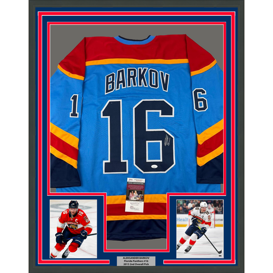 Framed Autographed/Signed Aleksander Barkov 35x39 Florida Blue Reverse Retro Hockey Jersey Beckett BAS COA