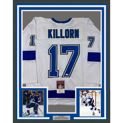 Framed Autographed/Signed Alex Killorn 35x39 Tampa Bay White Hockey Jersey JSA COA