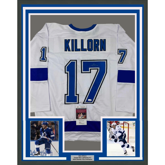Framed Autographed/Signed Alex Killorn 35x39 Tampa Bay White Hockey Jersey JSA COA