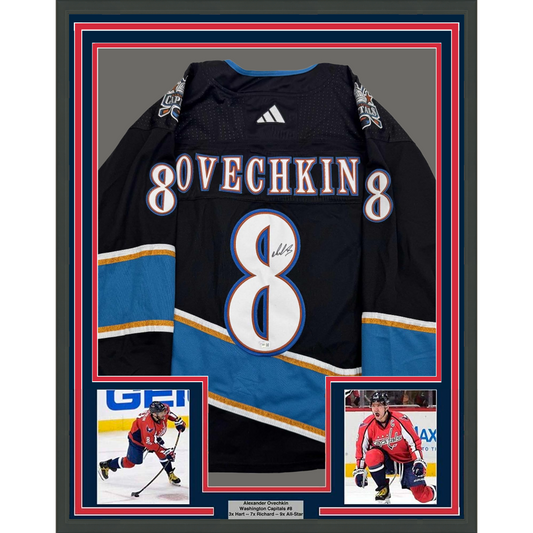 Framed Autographed/Signed Alexander Alex Ovechkin 35x39 Washington Capitals Black Reverse Retro Hockey Jersey Fanatics COA