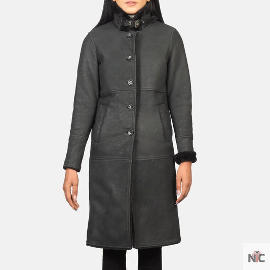 Alina Shearling Black Leather Coat