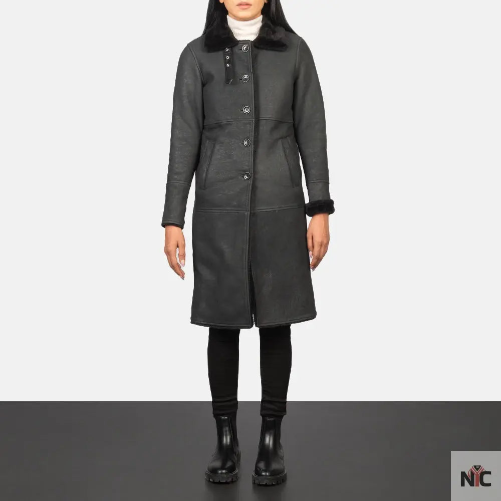 Alina Shearling Black Leather Coat