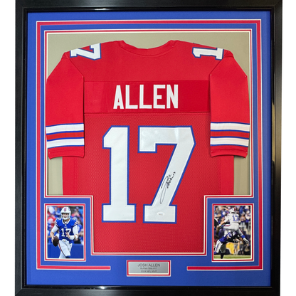 Framed Autographed/Signed Josh Allen 35x39 Buffalo Red Football Jersey Beckett BAS COA
