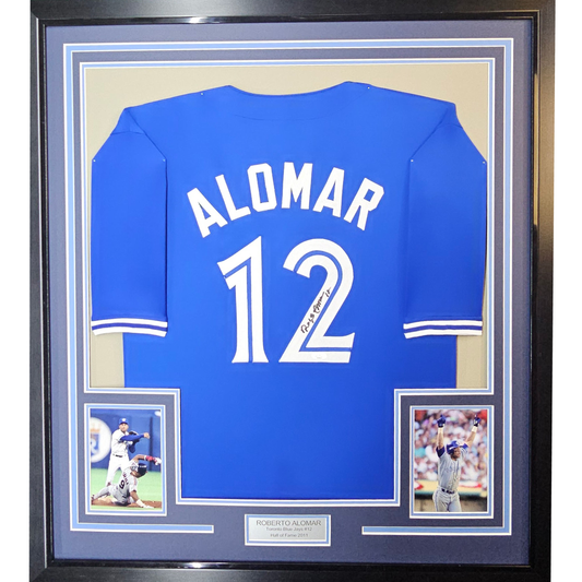 Framed Autographed/Signed Roberto Alomar 35x39 Toronto Blue Baseball Jersey JSA COA
