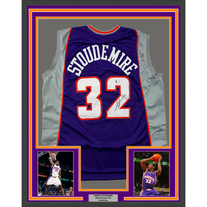Framed Autographed/Signed Amare Stoudemire 35x39 Phoenix Purple Basketball Jersey Beckett BAS COA