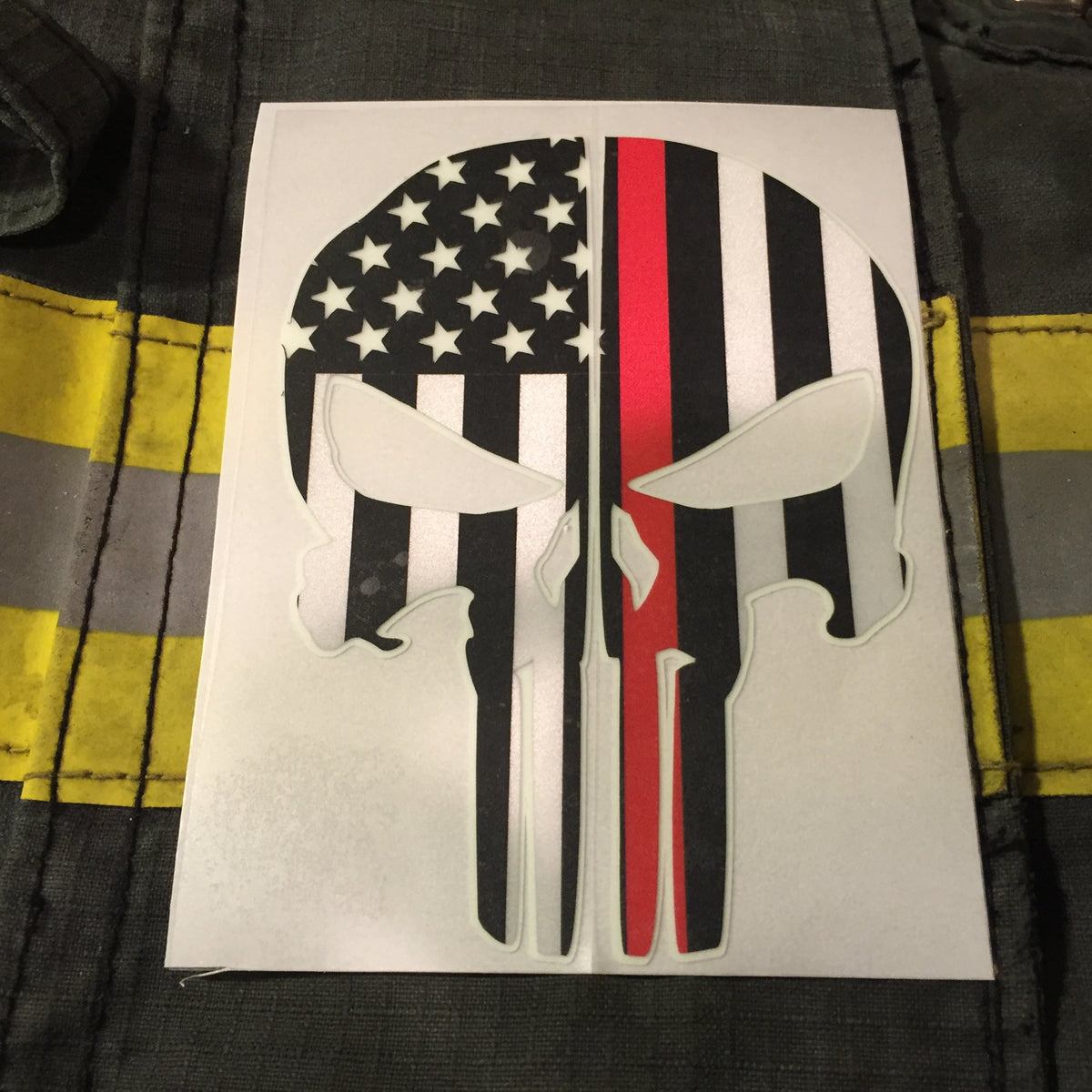 THIN RED LINE FLAG PUNISHER SKULL REAR HELMET REFLECTIVE/GLOW IN THE DARK STARS & STRIPES/OUTLINE  HELMET DECAL