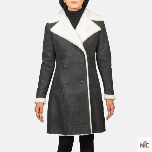 Amie Black Double Breasted Shearling Coat