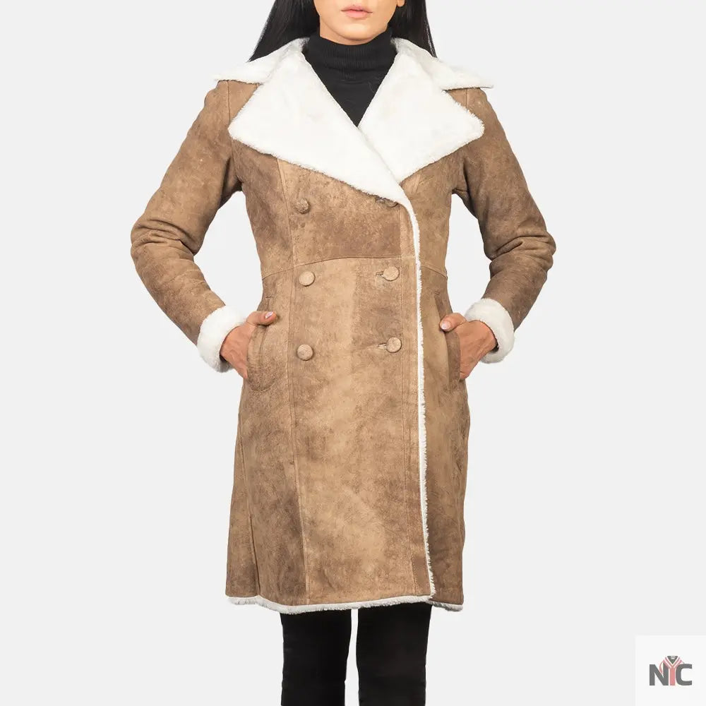 Amie Distressed Brown Double Breasted Shearling Coat