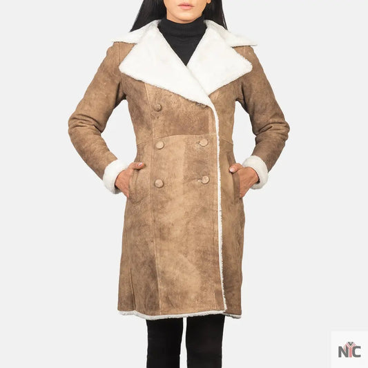 Amie Distressed Brown Double Breasted Shearling Coat