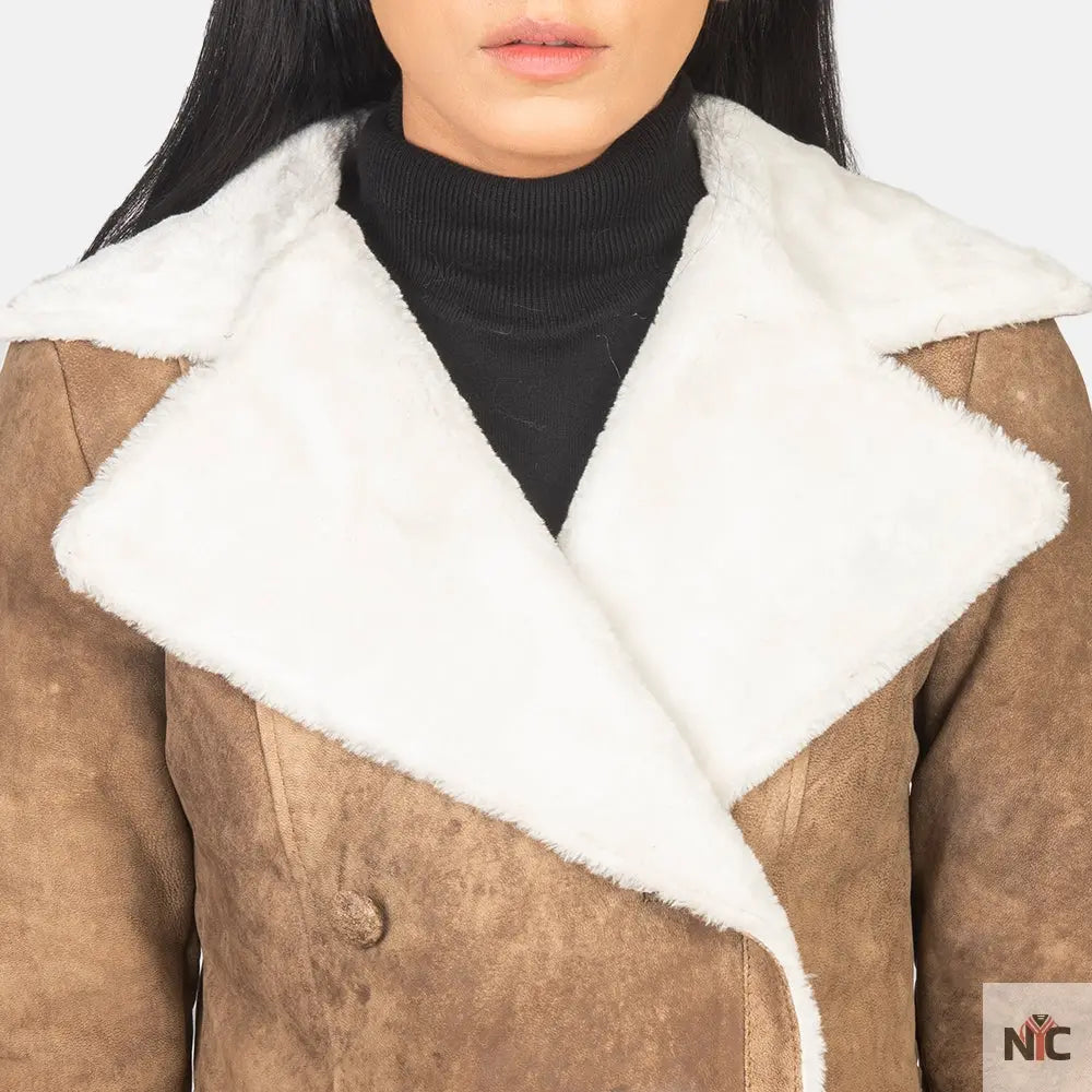 Amie Distressed Brown Double Breasted Shearling Coat