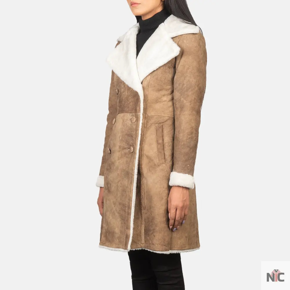 Amie Distressed Brown Double Breasted Shearling Coat
