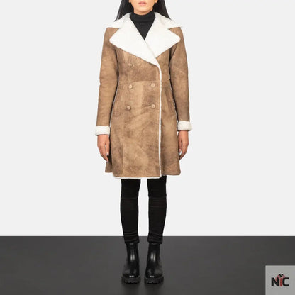 Amie Distressed Brown Double Breasted Shearling Coat