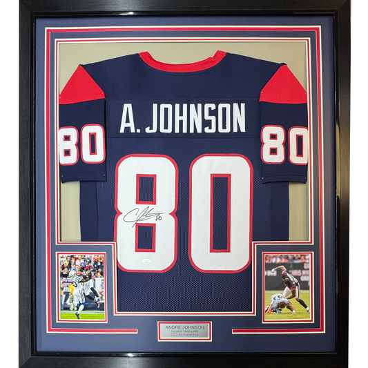 Framed Autographed/Signed Andre Johnson 35x39 Houston Blue Football Jersey JSA COA