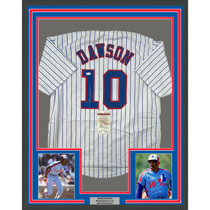 Framed Autographed/Signed Andre Dawson 35x39 Montreal Pinstripe Baseball Jersey JSA COA