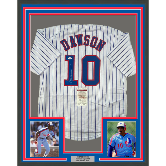 Framed Autographed/Signed Andre Dawson 35x39 Montreal Pinstripe Baseball Jersey JSA COA