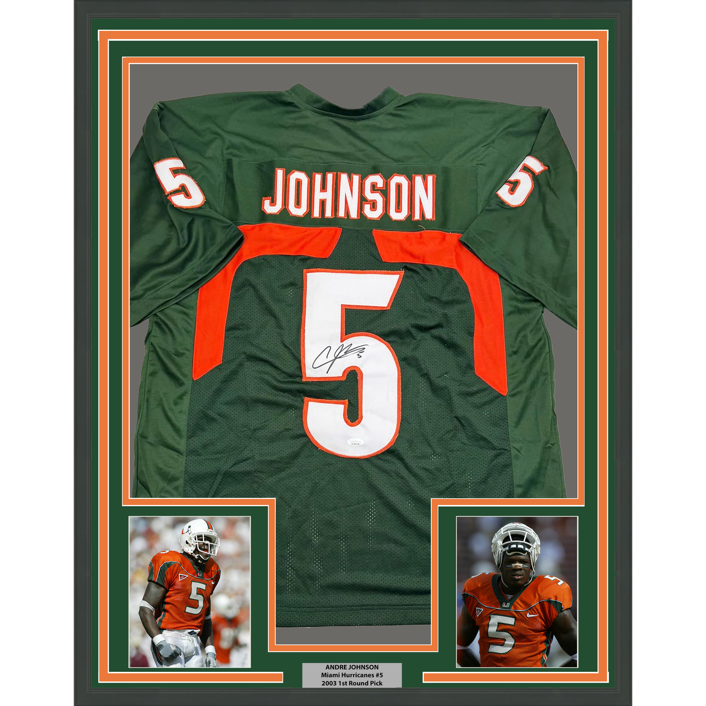 Framed Autographed/Signed Andre Johnson 35x39 Miami Green College Football Jersey JSA COA
