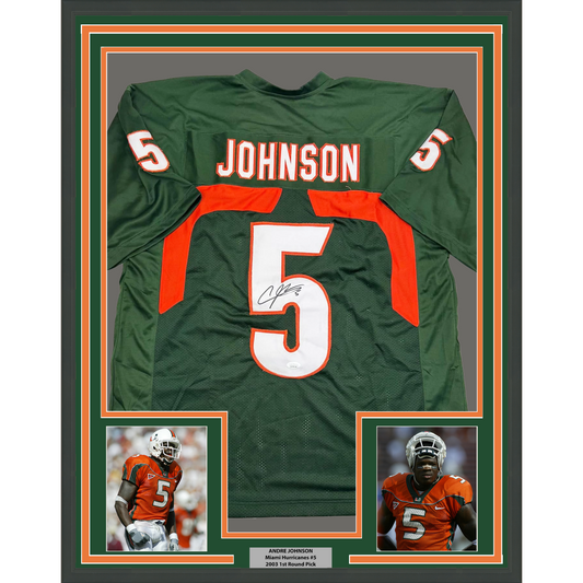 Framed Autographed/Signed Andre Johnson 35x39 Miami Green College Football Jersey JSA COA