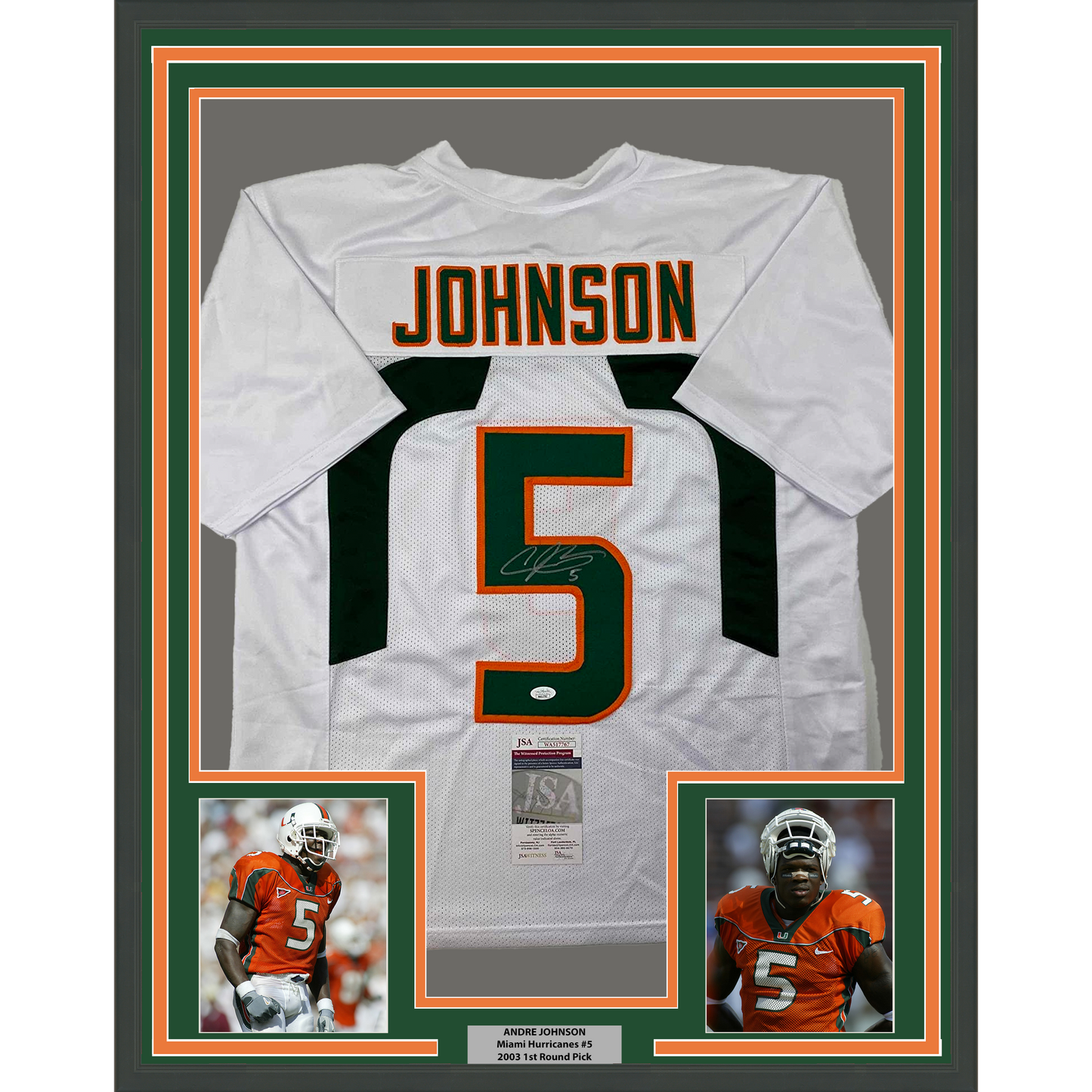 Framed Autographed/Signed Andre Johnson 35x39 Miami White College Football Jersey JSA COA