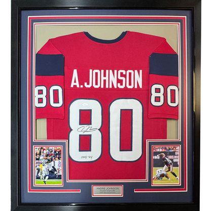 Framed Autographed/Signed Andre Johnson 35x39 Houston Texans Red Football Jersey JSA COA