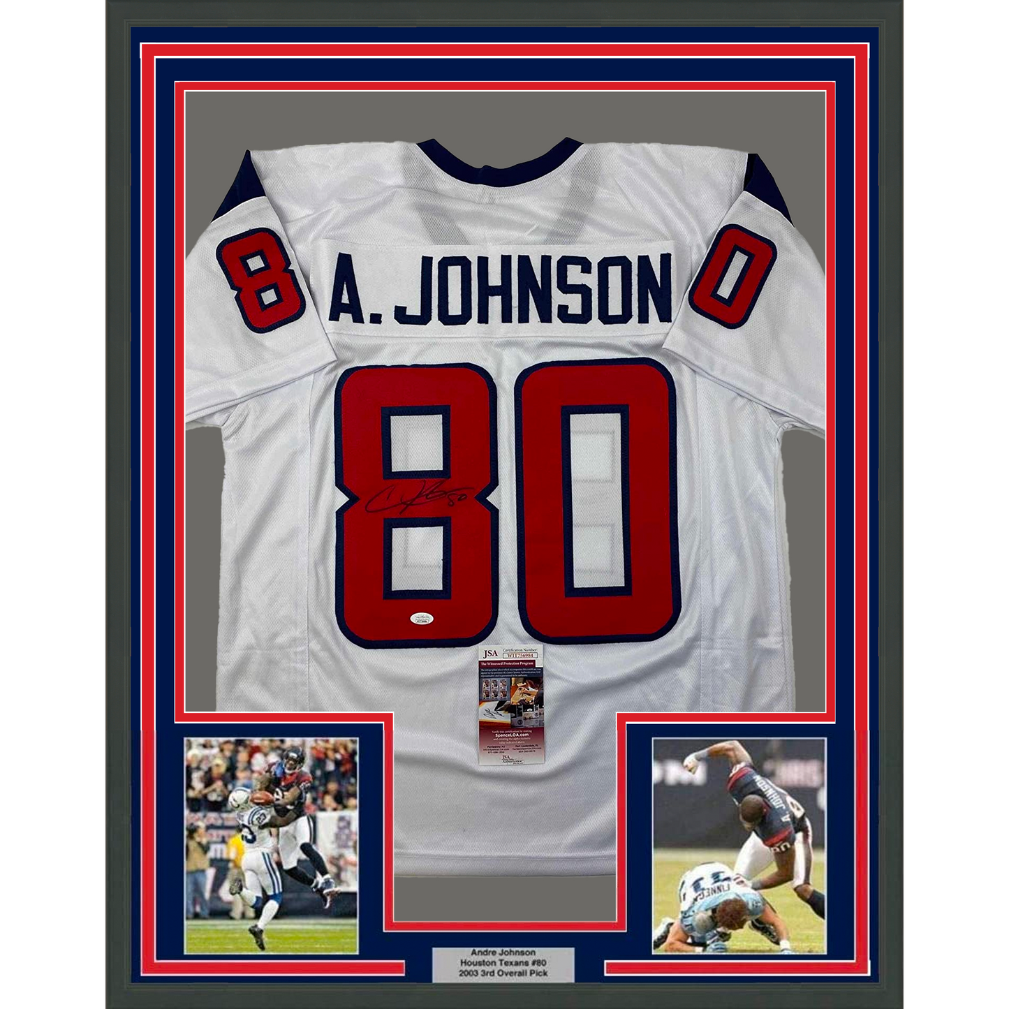 Framed Autographed/Signed Andre Johnson 35x39 Houston White Football Jersey JSA COA