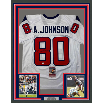 Framed Autographed/Signed Andre Johnson 35x39 Houston White Football Jersey JSA COA