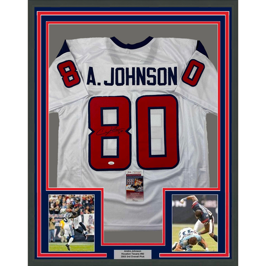 Framed Autographed/Signed Andre Johnson 35x39 Houston White Football Jersey JSA COA