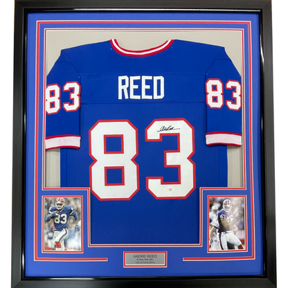 Framed Autographed/Signed Andre Reed 35x39 Buffalo Blue Football Jersey PSA/DNA COA