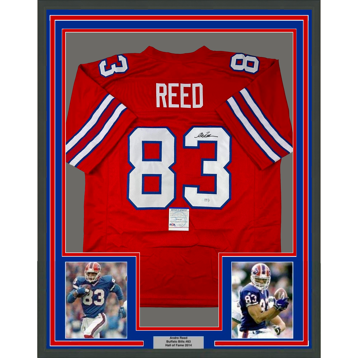 Framed Autographed/Signed Andre Reed 35x39 Buffalo Red Football Jersey PSA/DNA COA