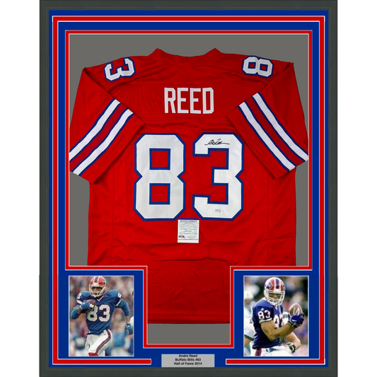 Framed Autographed/Signed Andre Reed 35x39 Buffalo Red Football Jersey PSA/DNA COA