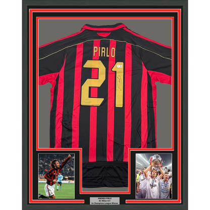 Framed Autographed/Signed Andrea Pirlo 35x39 AC Milan Black/Red Soccer Futbol Jersey Beckett BAS COA