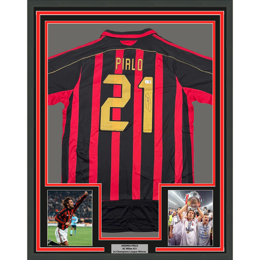 Framed Autographed/Signed Andrea Pirlo 35x39 AC Milan Black/Red Soccer Futbol Jersey Beckett BAS COA