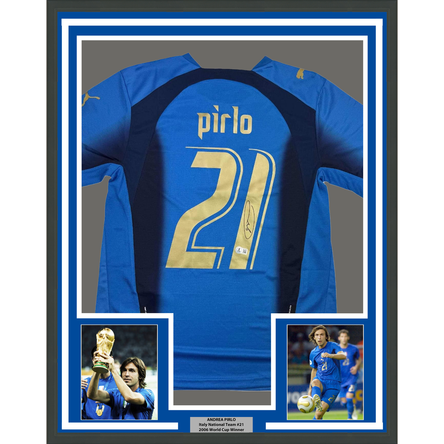 Framed Autographed/Signed Andrea Pirlo 35x39 Italy Blue Soccer Futbol Jersey Beckett BAS COA