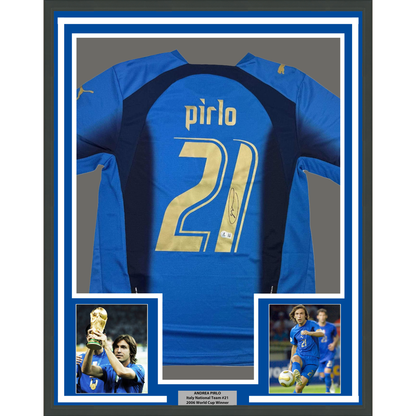 Framed Autographed/Signed Andrea Pirlo 35x39 Italy Blue Soccer Futbol Jersey Beckett BAS COA