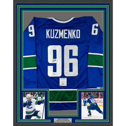 Framed Autographed/Signed Andrei Kuzmenko 35x39 Vancouver Blue Hockey Jersey PSA/DNA COA
